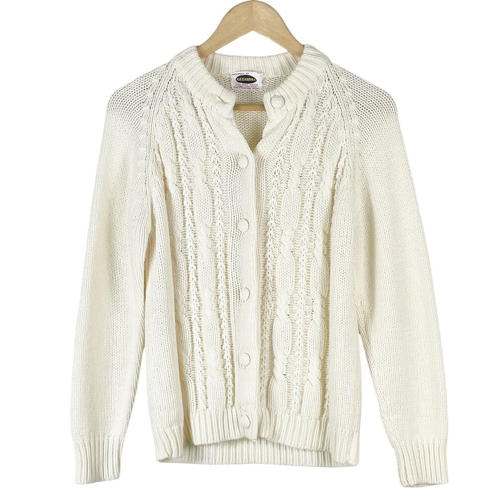 Vintage Alexandra Women's Cream Cable Knit Cardigan Sweater Buttons Medium